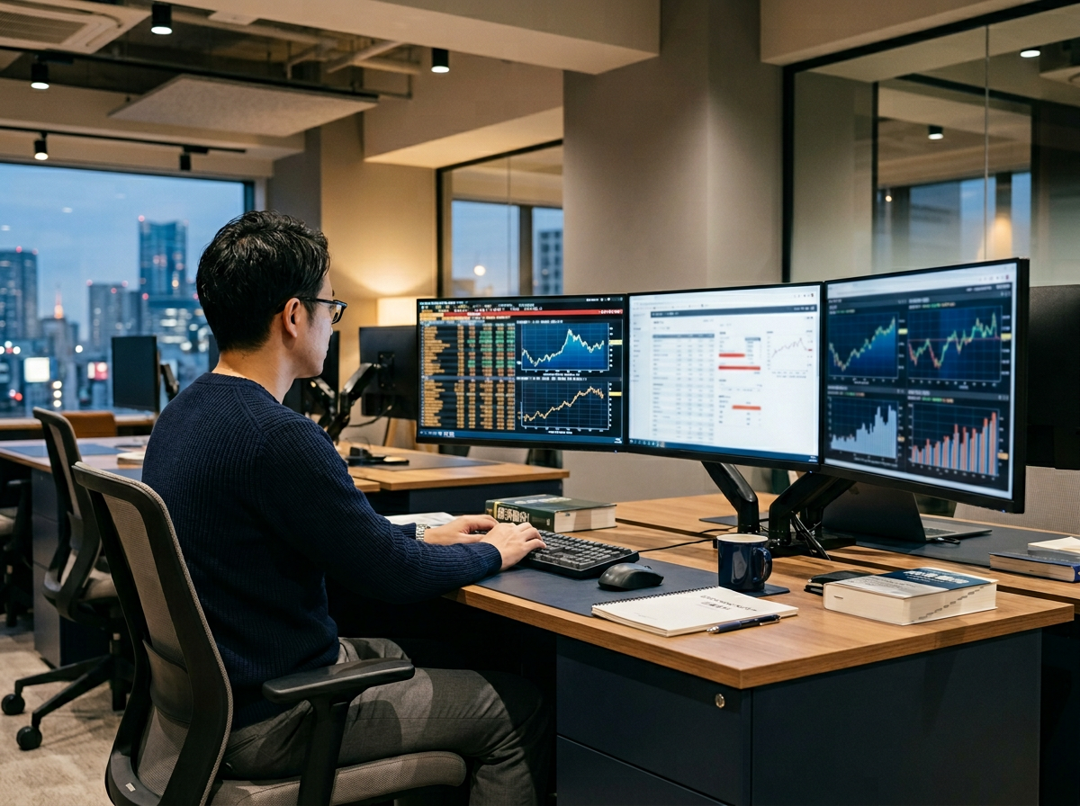 複数のモニターが並ぶリサーチデスクのイメージ